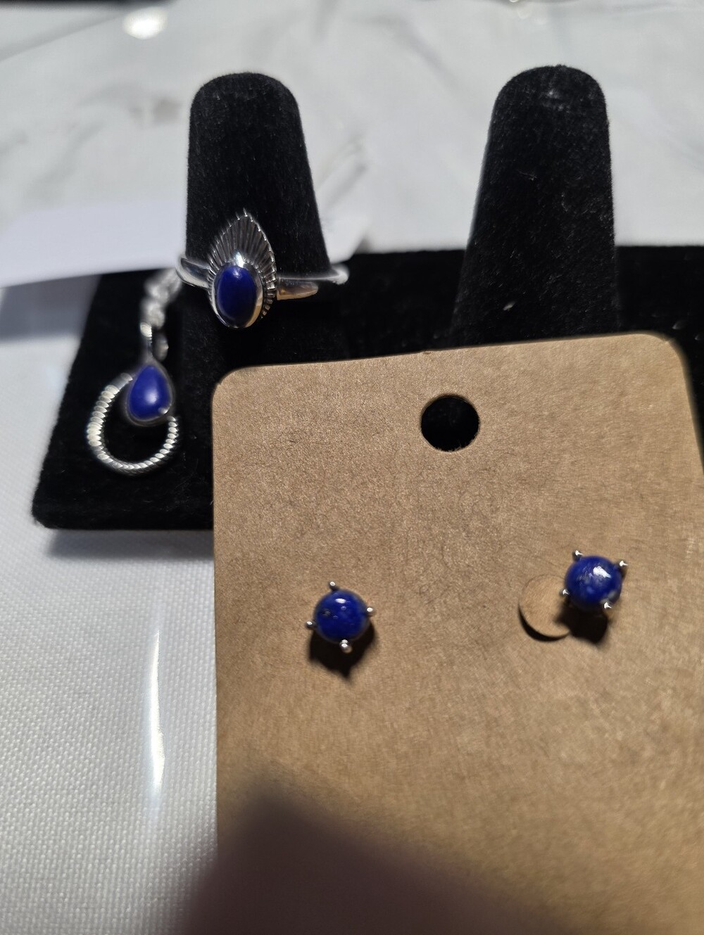 Blue Lapis Stud Earrings,925 Sterling Silver Pendant and Ring Set -